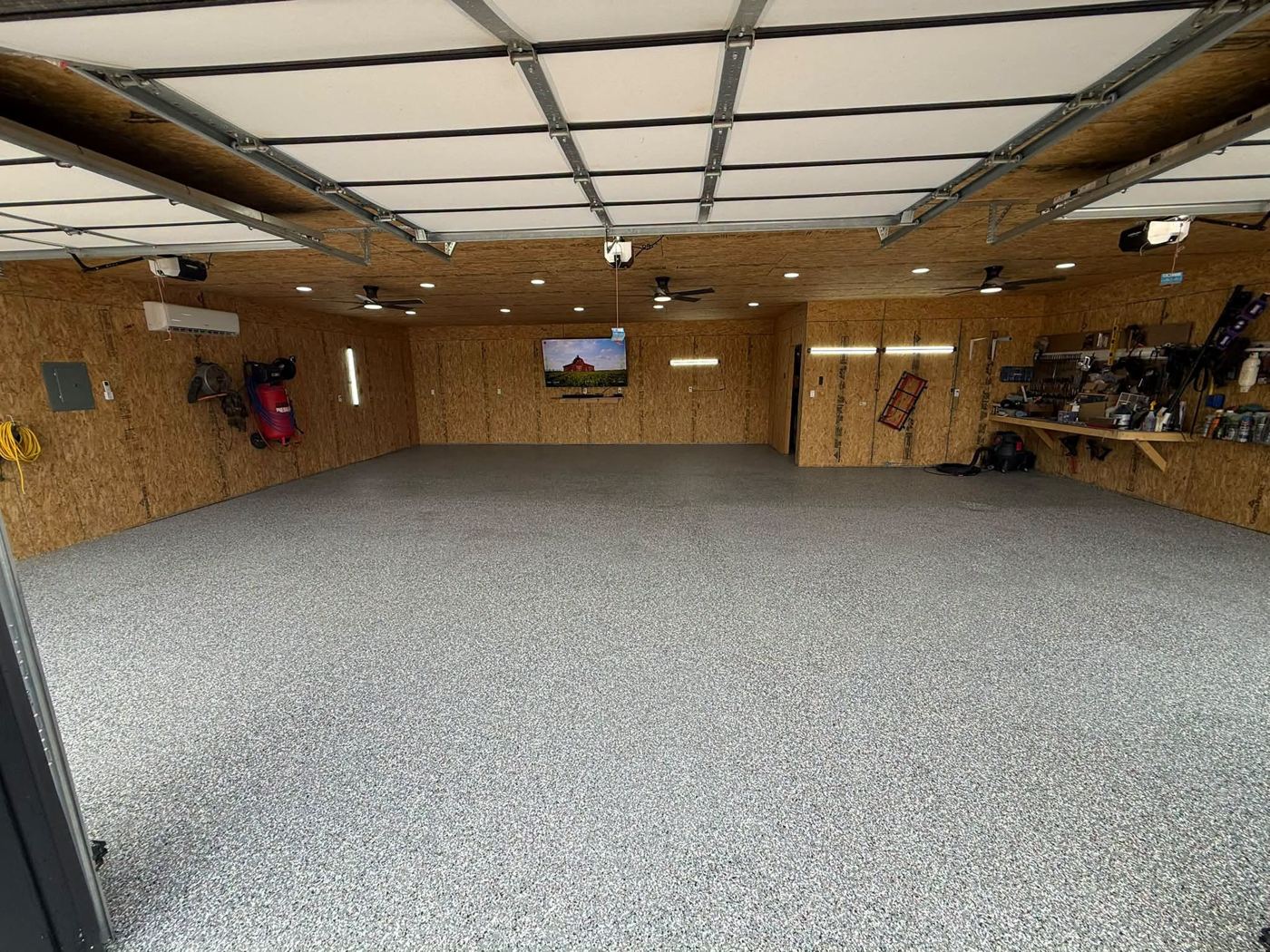 Finished garage with a gray flake floor coating